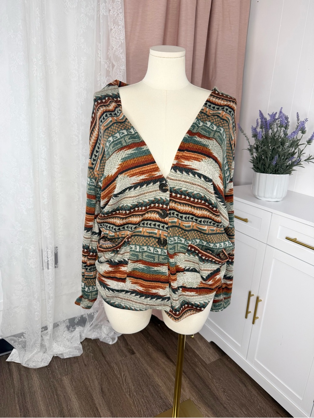 Saints and hearts Boho Knit Button-Up Cardigan in Rust, Teal & Cream NWOT BIN#13